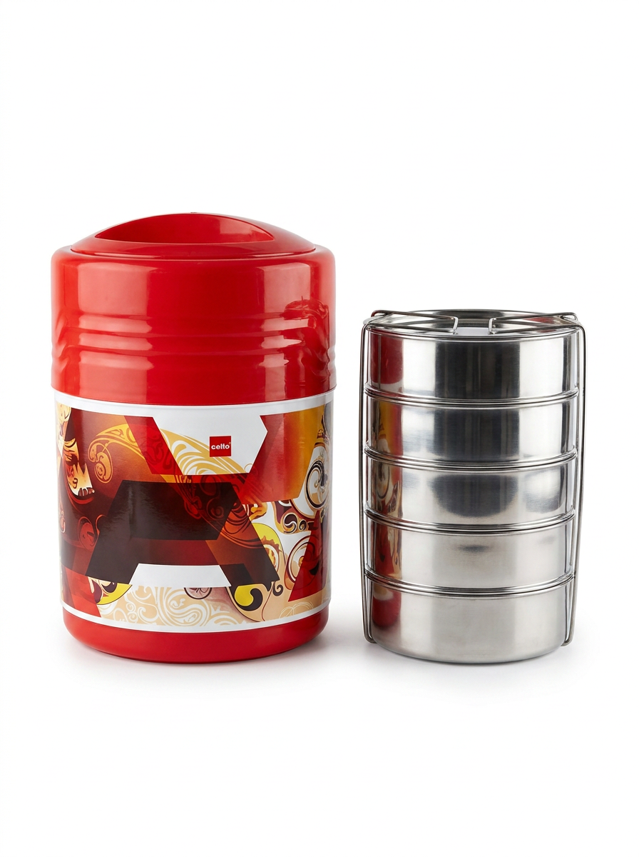 Cello Meal Star Jumbo Insulated Lunch Box | 5 Stainless Steel Containers, 1300ml Each | ISI Marked, Heat Retention Type 2