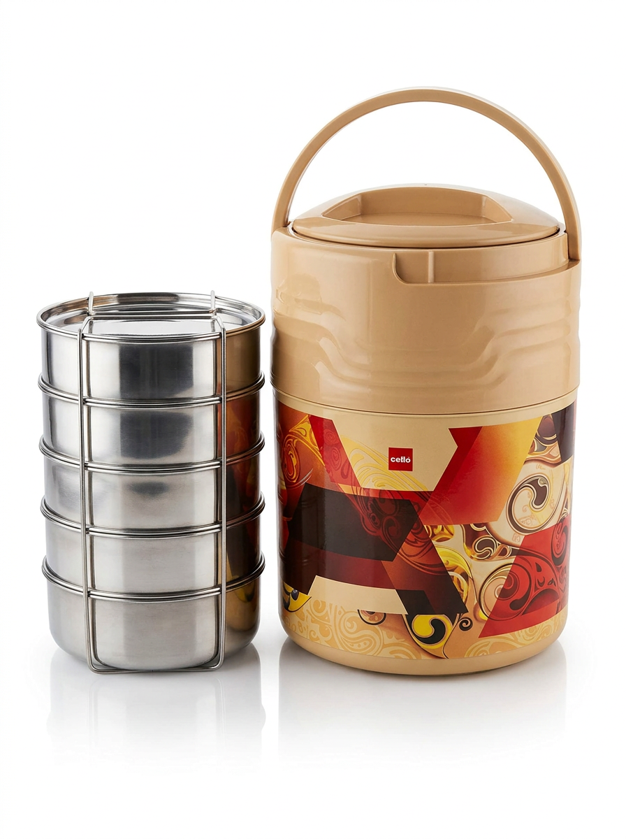 Cello Meal Star Jumbo Insulated Lunch Box | 5 Stainless Steel Containers, 1300ml Each | ISI Marked, Heat Retention Type 2